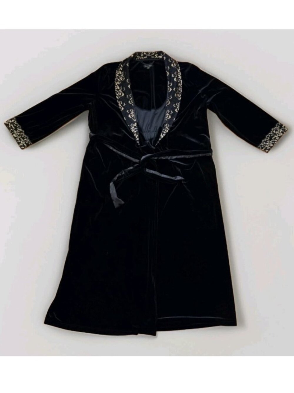 Thalia Sodi Intimates Black Satin Women's Robe Gold Lace Black Velvet Sz L/XL